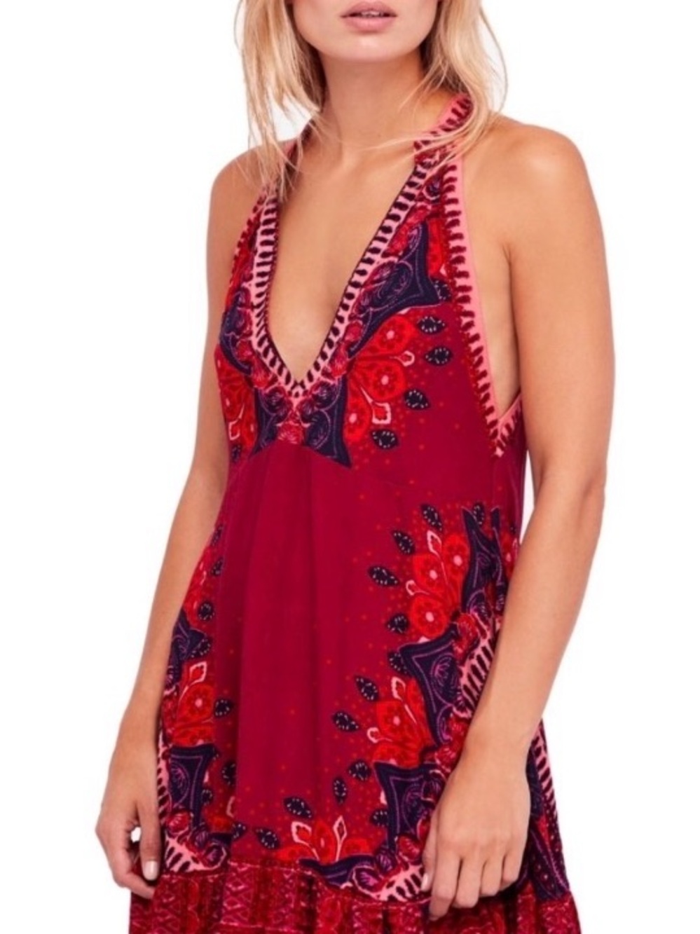 Free People Red Paisley Sleeveless Racerback Tunic Dress XS